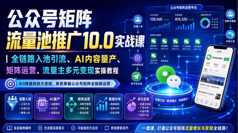 公众号矩阵流量池推广10.0实战课|全链路入池引流、AI内容量产、矩阵运营、流量主多元变现实操教程-卓越网创