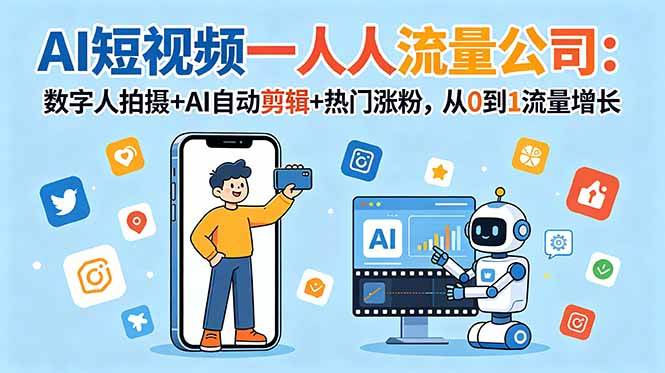 （18864期）AI短视频一人流量公司：数字人拍摄+AI自动剪辑+热门涨粉，从0到1流量增长-卓越网创