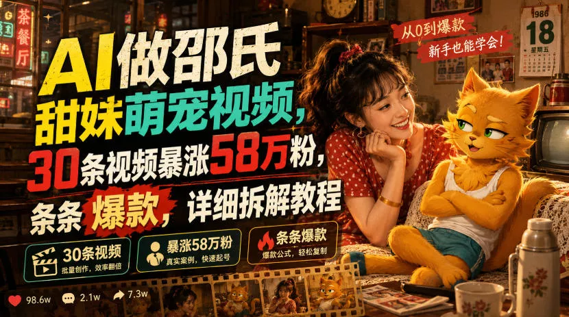 AI做邵氏甜妹萌宠视频,30条视频暴涨58万粉,条条爆款,详细拆解教程-卓越网创