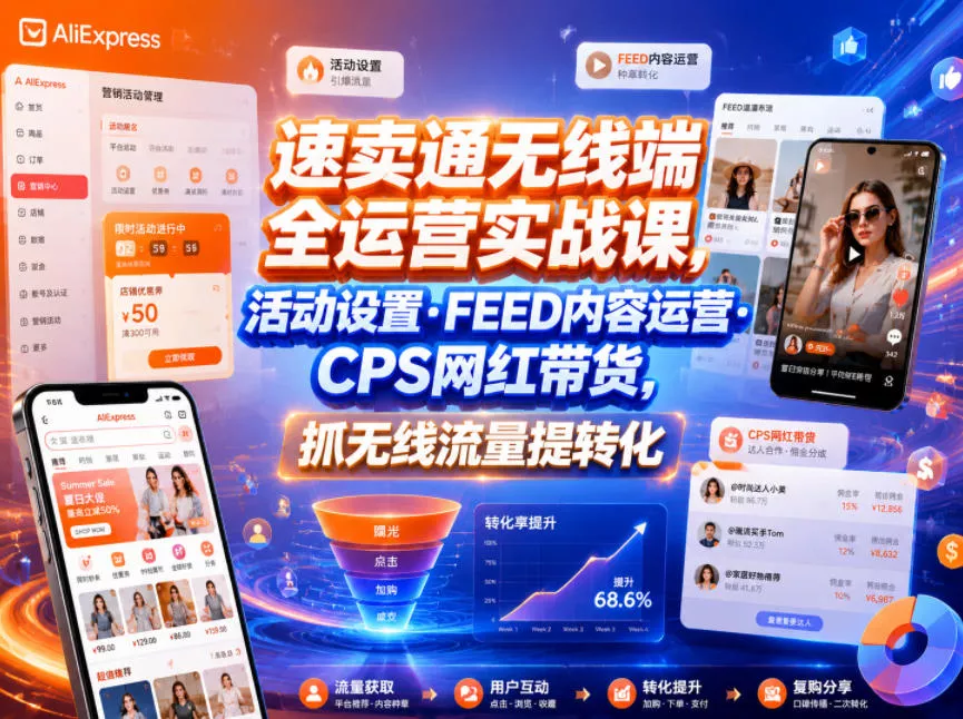 速卖通无线端全运营实战课,活动设置・FEED内容运营・CPS网红带货,抓无线流量提转化-卓越网创