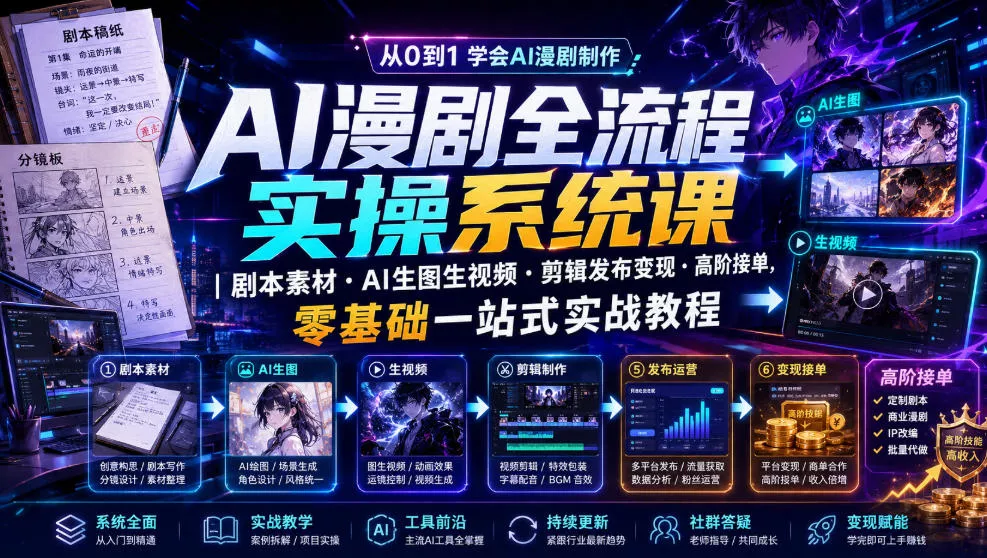 AI漫剧全流程实操系统课|剧本素材・AI生图生视频・剪辑发布变现・高阶接单,零基础一站式实战教程-卓越网创