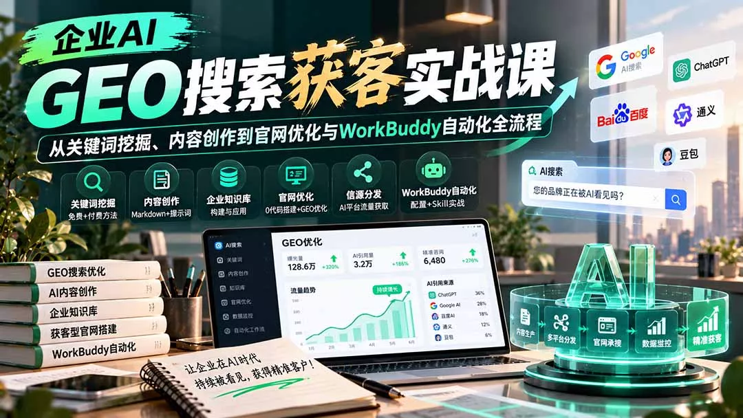 企业AI GEO搜索获客实战课：从关键词挖掘、内容创作到官网优化与WorkBuddy自动化全流程-卓越网创
