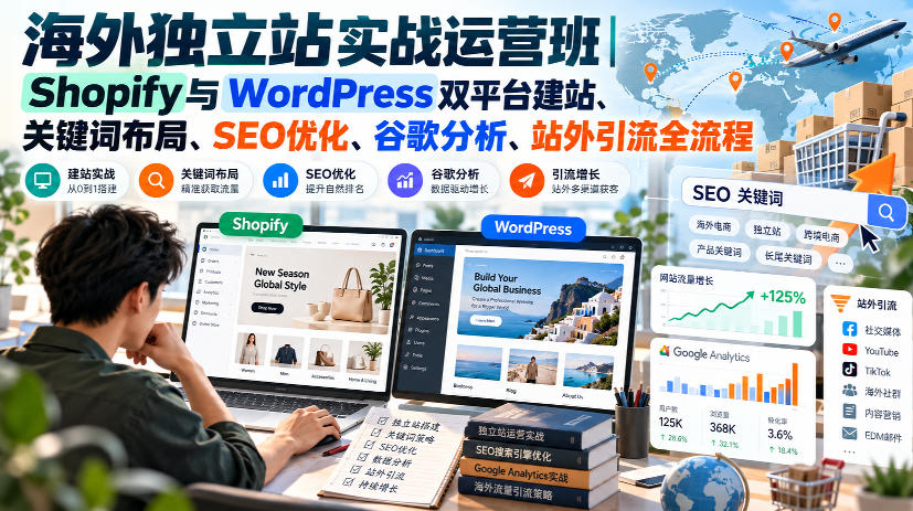 海外独立站实战运营班｜Shopify与WordPress双平台建站、关键词布局、SEO优化、谷歌分析、站外引流全流程-卓越网创