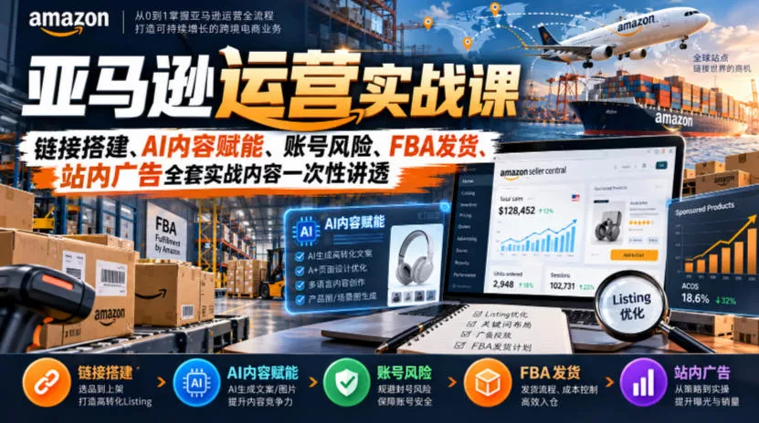 亚马逊运营实战课，链接搭建、AI内容赋能、账号风险、FBA发货、站内广告全套实战内容一次性讲透-卓越网创