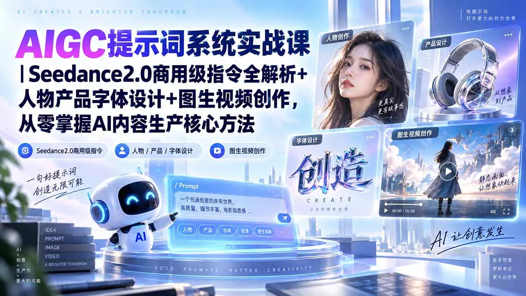 AIGC提示词系统实战课-无水印｜Seedance2.0商用级指令全解析+人物产品字体设计+图生视频创作，掌握AI内容生产方法-卓越网创