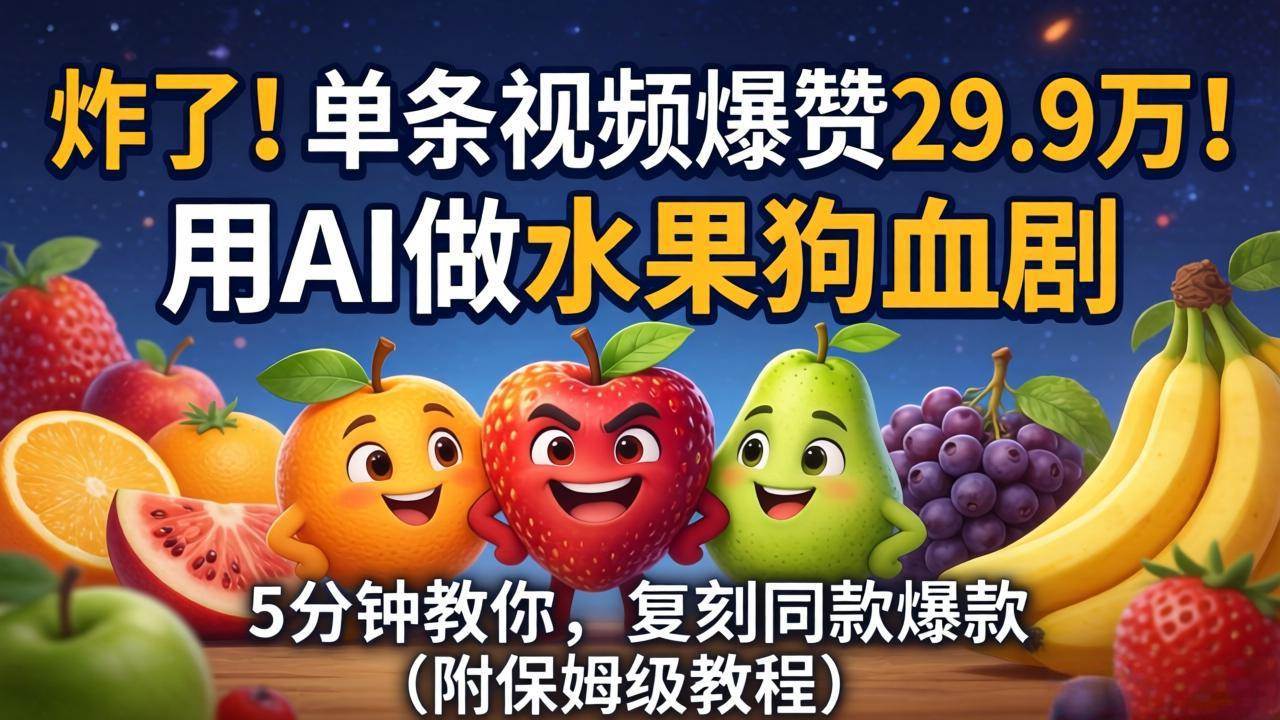 (18206期)炸了!单条视频爆赞 29.9 万!用 AI 做水果狗血剧,5 分钟教你,复刻同款爆款(附保姆级教程)-卓越网创