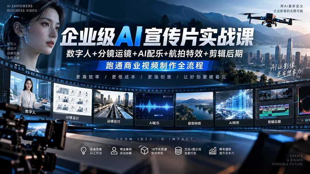 (20548期)企业级AI宣传片实战课|数字人+分镜运镜+AI配乐+航拍特效+剪辑后期,跑通商业视频制作全流程-卓越网创