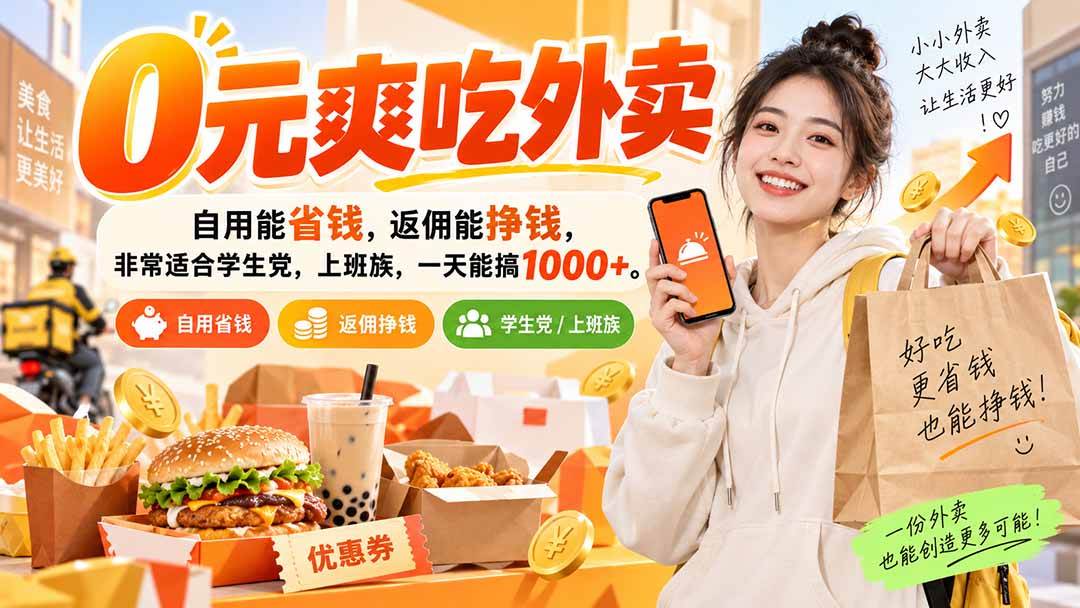 （20309期）0元爽吃外卖，自用能省钱，返佣能挣钱，非常适合学生党，上班族，一天能搞1000+-卓越网创