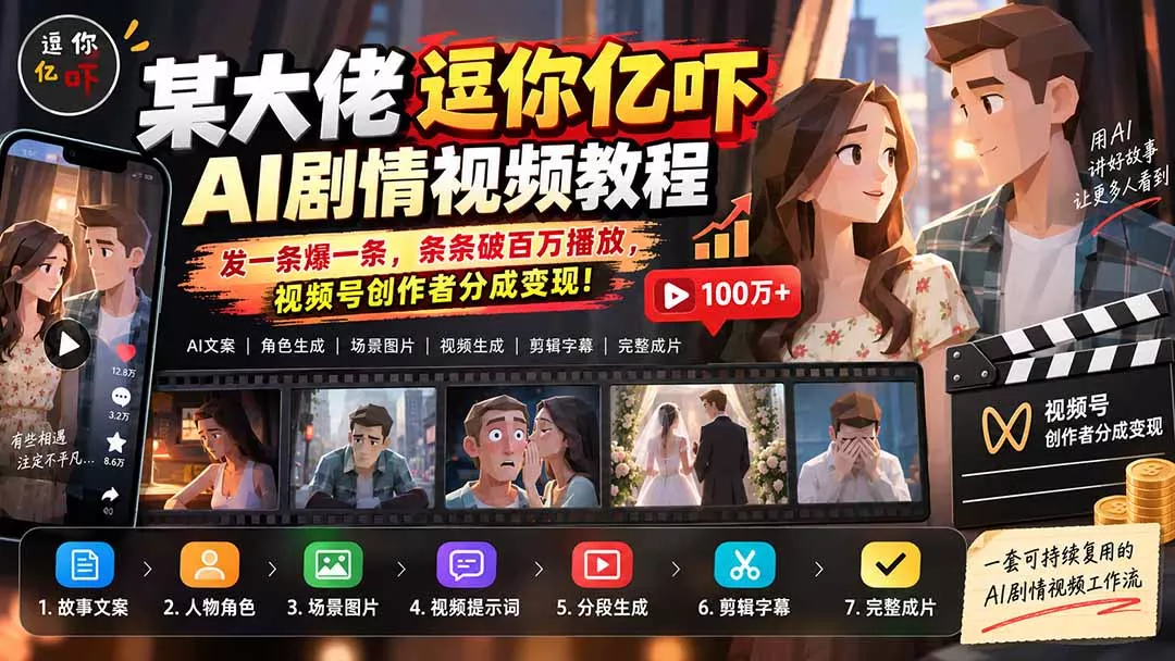 某大佬逗你亿吓AI低模剧情视频制作教程:发一条爆一条,条条破百万播放,利用视频号创作者分成变现! 某大佬逗你亿吓AI低模剧情视频制作教程:发一条爆一条,条条破百万播放,利用视频号创作者分成变现!