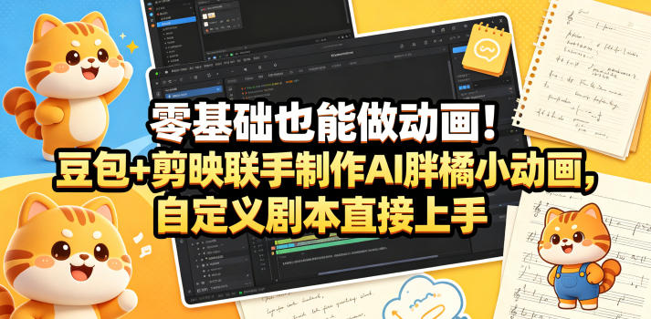 零基础也能做动画！豆包+剪映联手制作AI胖橘小动画，自定义剧本直接上手-卓越网创