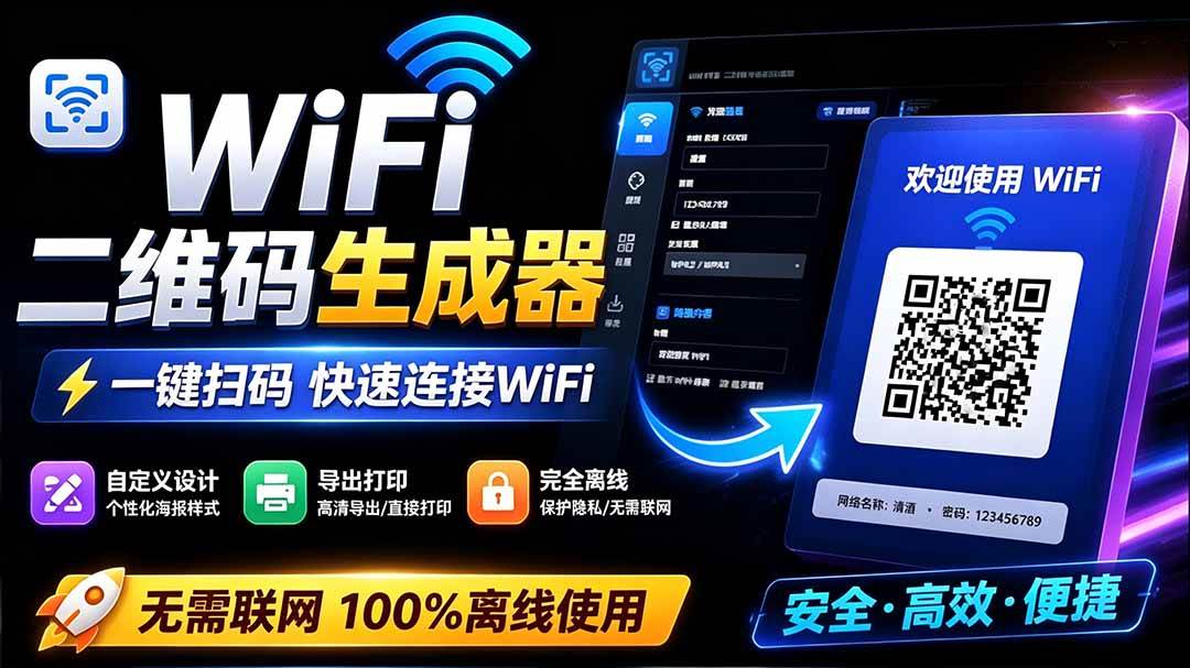 (19566期)完全离线使用!WiFi二维码生成器,一键扫码快速连接WiFi,支持自定义风格导出 WiFi二维码生成器 (19566期)完全离线使用!WiFi二维码生成器,一键扫码快速连接WiFi,支持自定义风格导出 WiFi二维码生成器