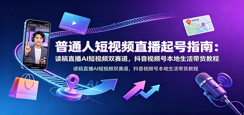 普通人短视频直播起号指南：读稿直播AI短视频双赛道，抖音视频号本地生活带货教程-卓越网创