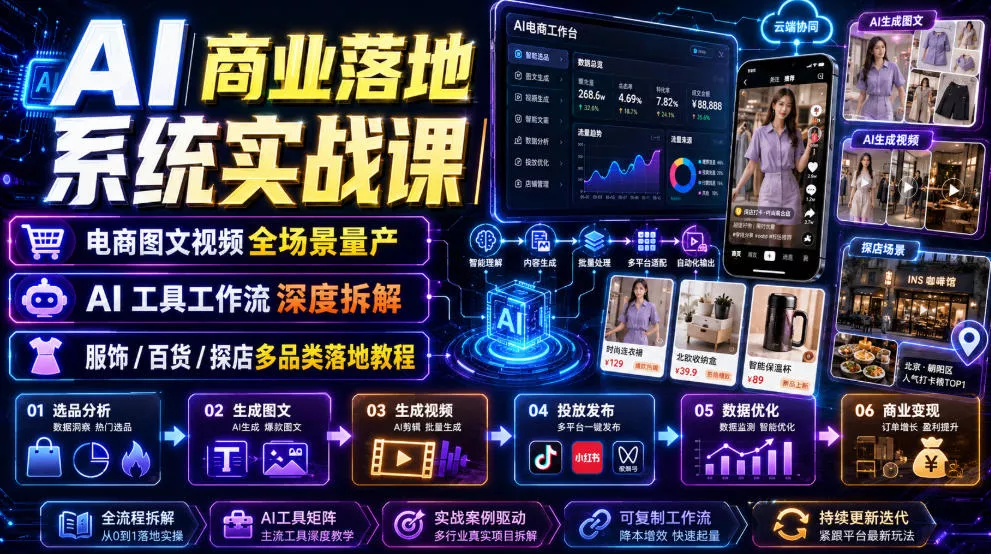 AI商业落地系统实战课|电商图文视频全场景量产・AI工具工作流深度拆解・服饰/百货/探店多品类落地教程-卓越网创