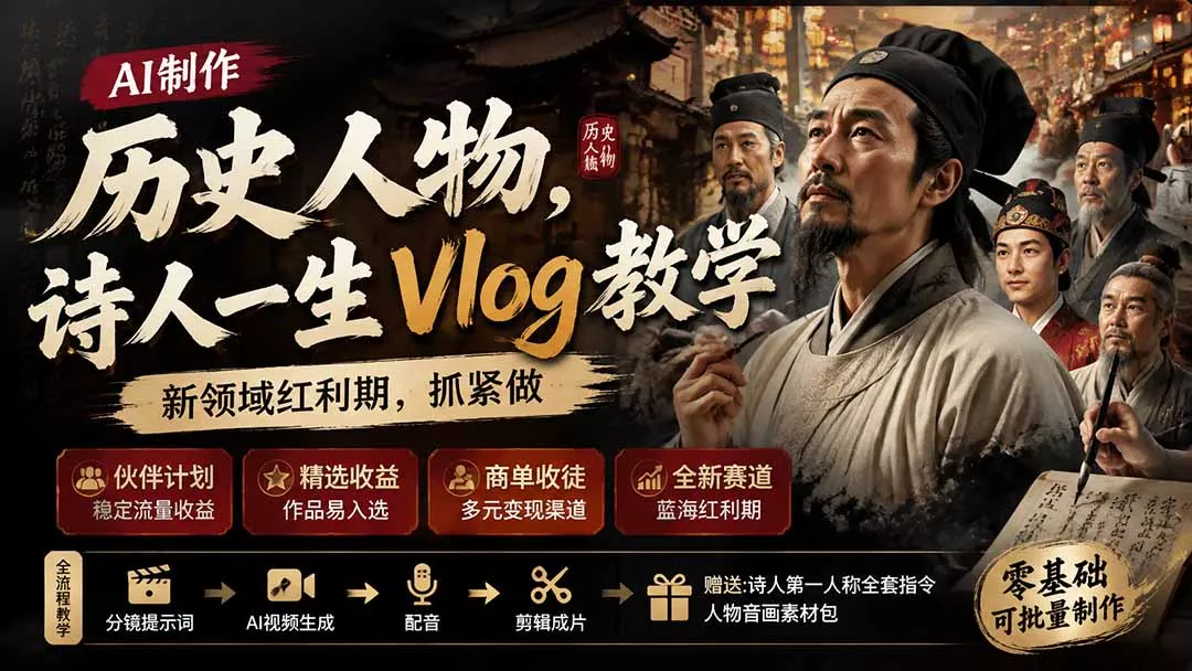 历史人物,诗人一生Vlog教学, AI制作丨伙伴计划丨精选收益丨商单收徒 ,新领域红利期,抓紧做-卓越网创