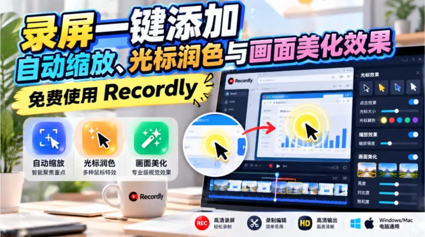录屏一键添加自动缩放、光标润色与画面美化效果，免费使用Recordly-卓越网创