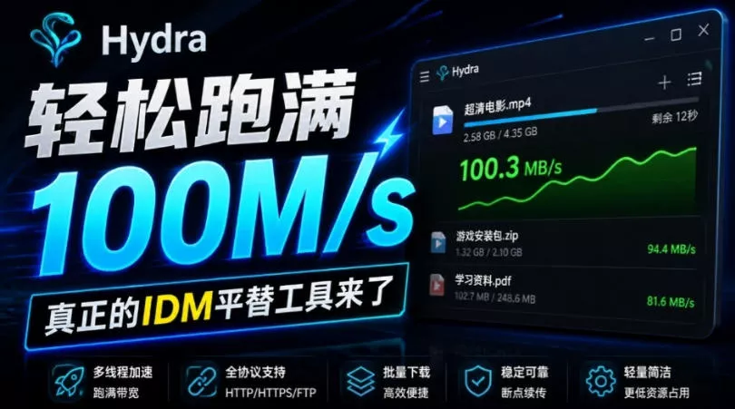 轻松跑满100M/s，真正的IDM平替工具来了，开源多线程器，支持浏览器拓展，一键智能加速Hydra Download Manager-卓越网创