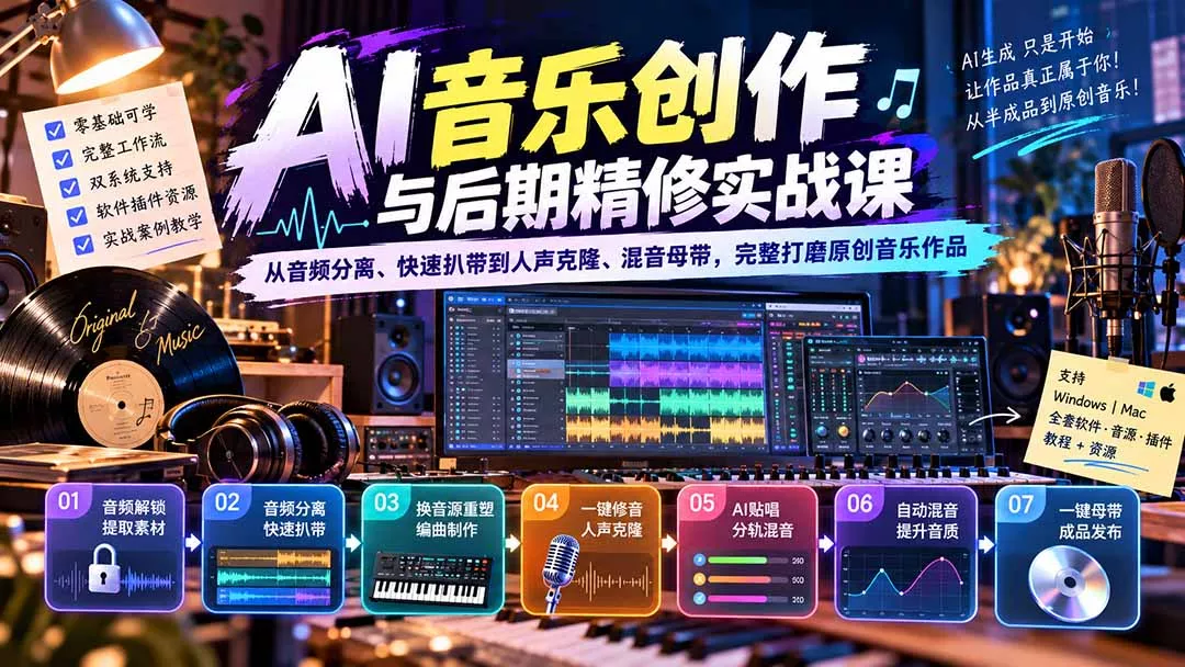 AI音乐创作与后期精修实战课:从音频分离、快速扒带到人声克隆、混音母带,完整打磨原创音乐作品 AI音乐创作与后期精修实战课:从音频分离、快速扒带到人声克隆、混音母带,完整打磨原创音乐作品