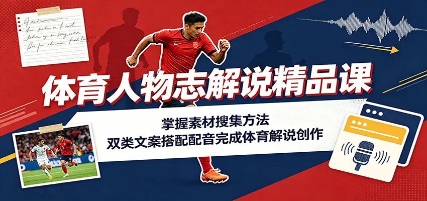 体育人物志解说精品课:掌握素材搜集方法,双类文案搭配配音完成体育解说创作-卓越网创