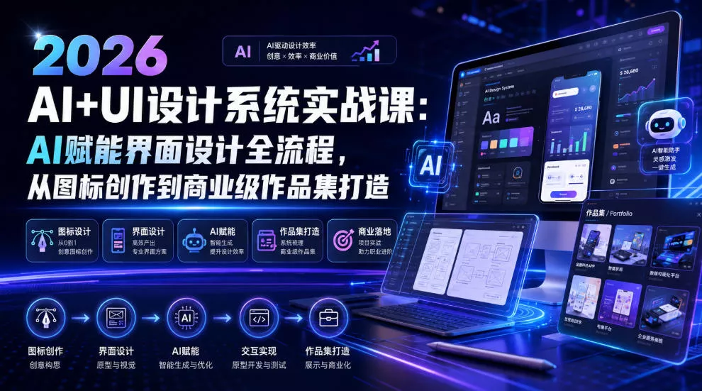 2026 AI+UI设计系统实战课:AI赋能界面设计全流程,从图标创作到商业级作品集打造 2026 AI+UI设计系统实战课:AI赋能界面设计全流程,从图标创作到商业级作品集打造