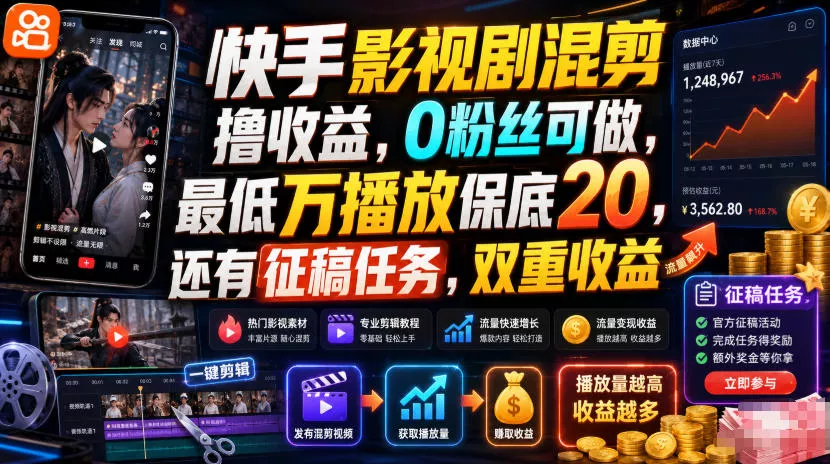 快手影视剧混剪撸收益,0粉丝可做,最低万播放保底20,还有征稿任务,双重收益 快手影视剧混剪撸收益,0粉丝可做,最低万播放保底20,还有征稿任务,双重收益