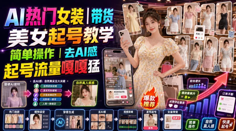 AI热门女装带货丨美女起号教学,简单操作,去AI感,起号流量嘎嘎猛 AI热门女装带货丨美女起号教学,简单操作,去AI感,起号流量嘎嘎猛