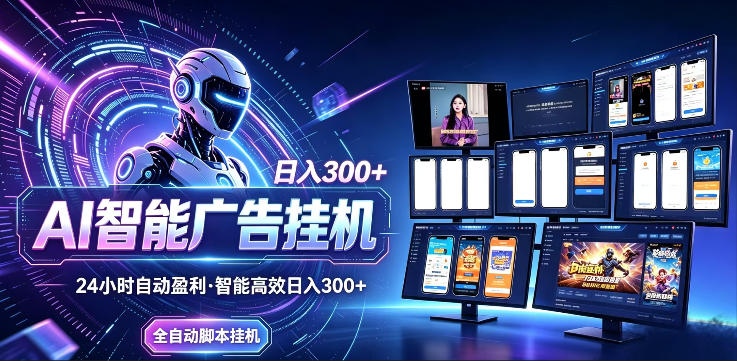 AI智能广告挂G项目,无需人工,单机稳定日入200+,可矩阵放大,24小时不间断刷广告賺收益【揭秘】-卓越网创