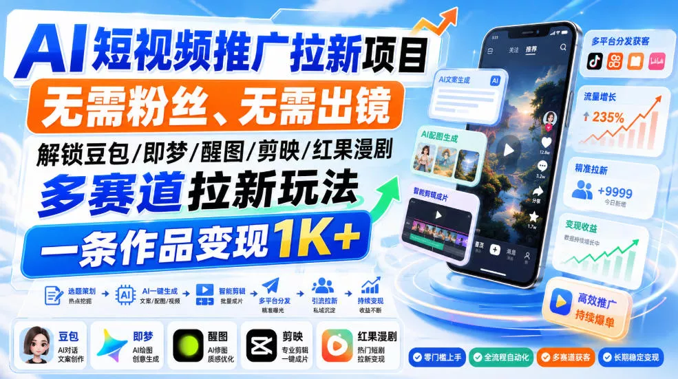 AI短视频推广拉新项目,无需粉丝、无需出镜,解锁豆包/即梦/醒图/剪映/红果漫剧多赛道拉新玩法,一条作品变现1K+(更新0918)-卓越网创