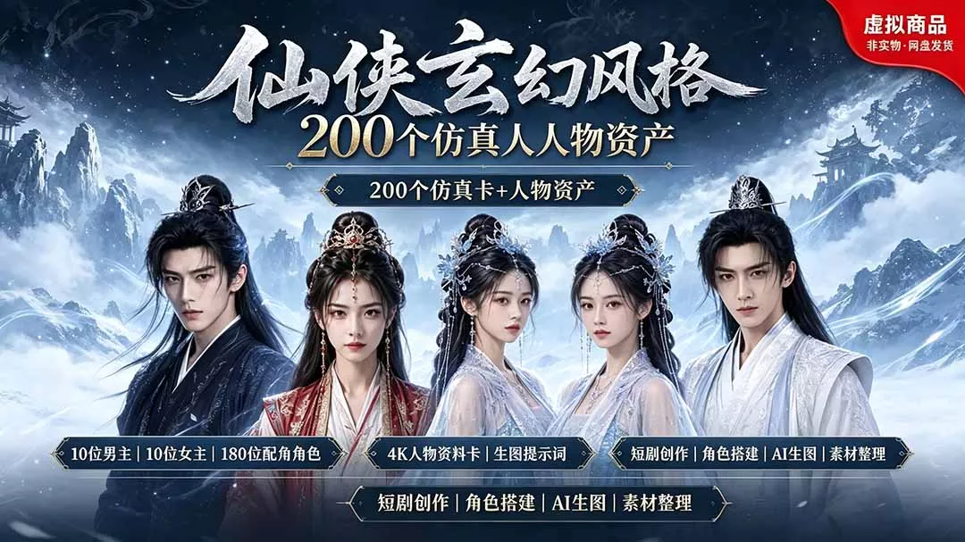 200个仙侠玄幻仿真人素材◆10男主×10女主×180配角，4K资料卡+AI生图提示词，漫剧必备-卓越网创
