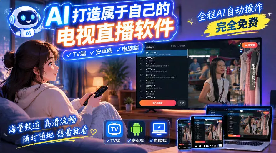 一个提示词，AI全自动做出电视直播软件，电脑、安卓、电视三端通用，完全免费，画质流畅不卡顿-卓越网创