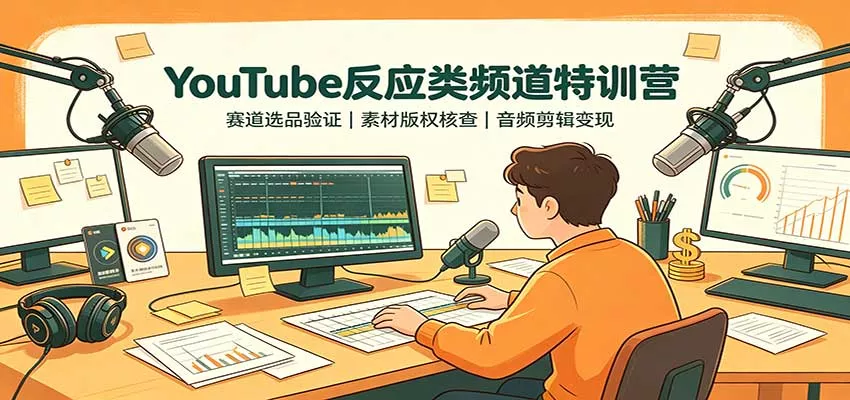 YouTube反应类频道特训营：赛道选品验证，素材版权核查，音频剪辑变现-卓越网创