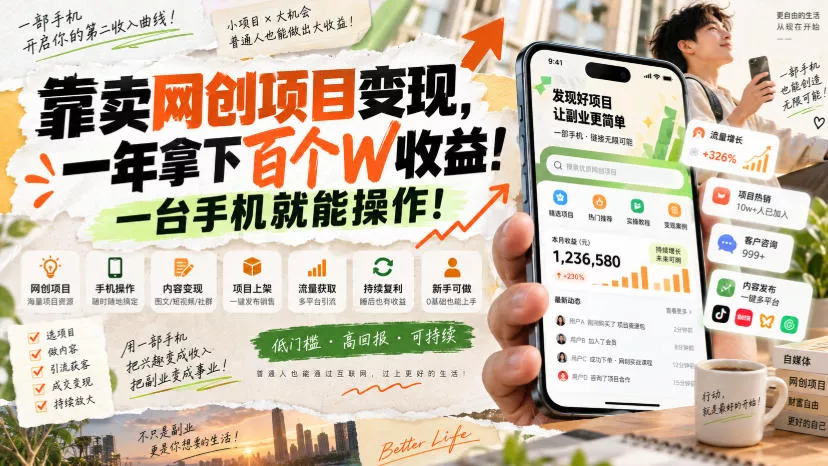 网创小程序虚拟资料变现,一年拿下百万收益,一部手机就可以做,0成本变现副业!-卓越网创