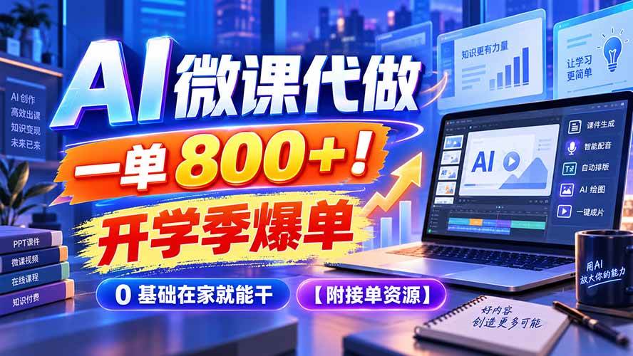 （20605期）AI 微课代做，一单 800+！开学季爆单，0 基础在家就能干【附接单资源】-卓越网创