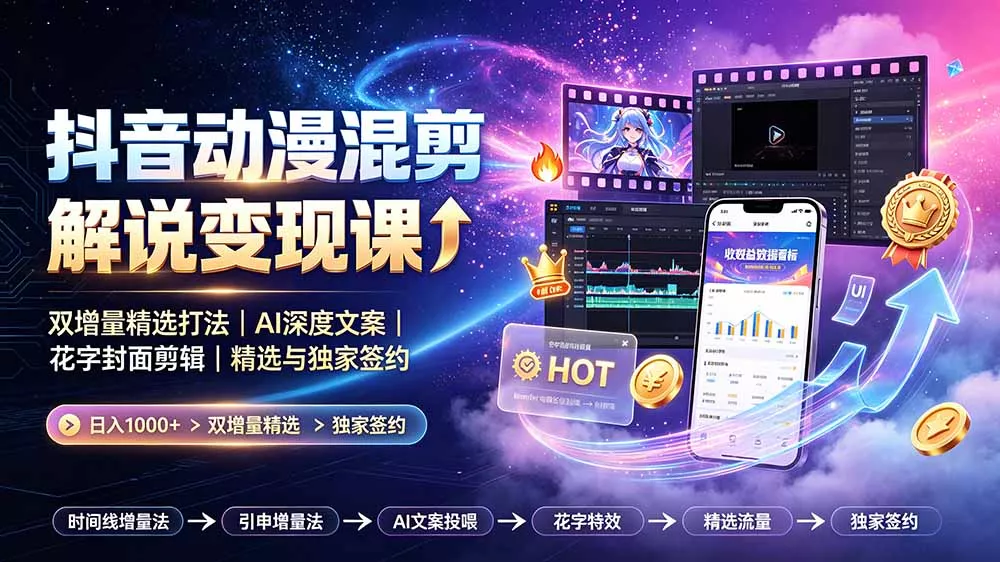 抖音动漫混剪解说变现课:双增量精选打法|AI深度文案|花字封面剪辑| 精选与独家签约日入1000+ 抖音动漫混剪解说变现课:双增量精选打法|AI深度文案|花字封面剪辑| 精选与独家签约日入1000+