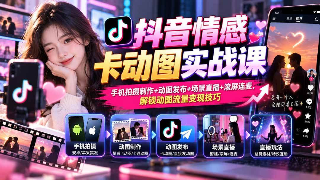 （20815期）抖音情感卡动图实战课：手机拍摄制作+动图发布+场景直播+滚屏连麦，解锁动图流量变现技巧-卓越网创