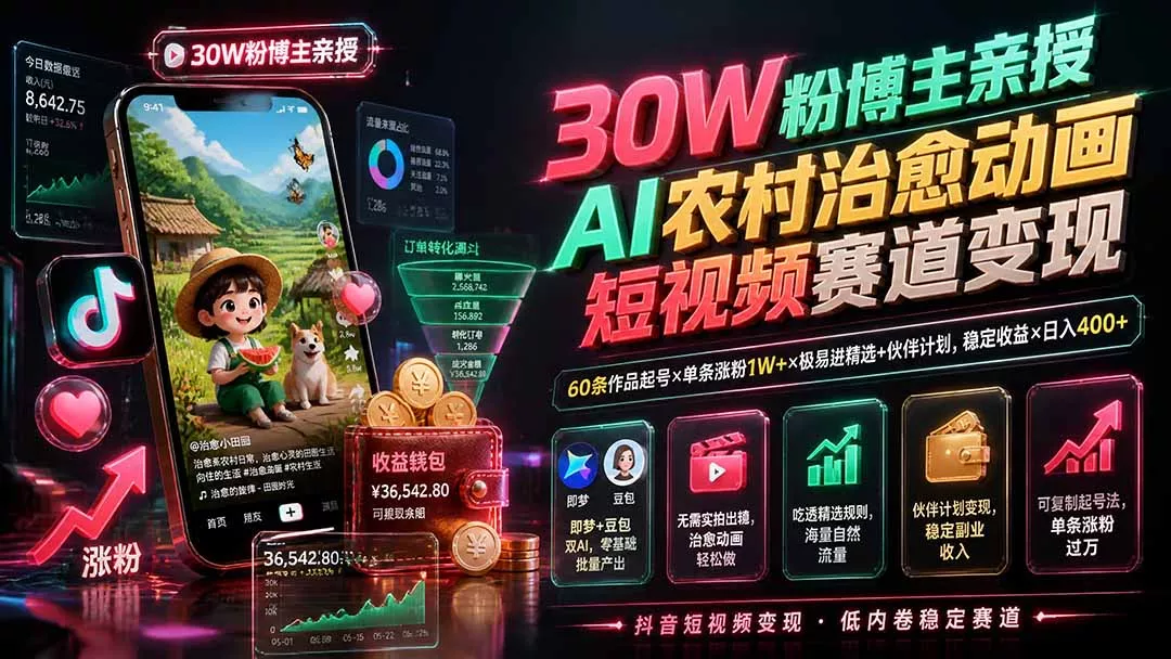 30W粉博主亲授AI农村治愈动画短视频赛道变现：60条作品起号×单条涨粉1W+×极易进精选+伙伴计划，稳定收益×日入400+-卓越网创