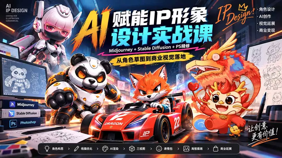 AI赋能IP形象设计实战课-无水印：Midjourney+Stable Diffusion+PS精修，从角色草图到商业视觉落地-卓越网创