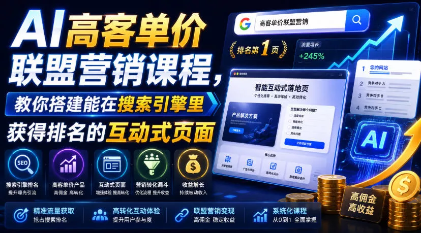 AI高客单价联盟营销课程,教你搭建能在搜索引擎里获得排名的互动式页面,引来流量,把访客转化为高佣金的成交【原创双语字幕】 AI高客单价联盟营销课程,教你搭建能在搜索引擎里获得排名的互动式页面,引来流量,把访客转化为高佣金的成交【原创双语字幕】