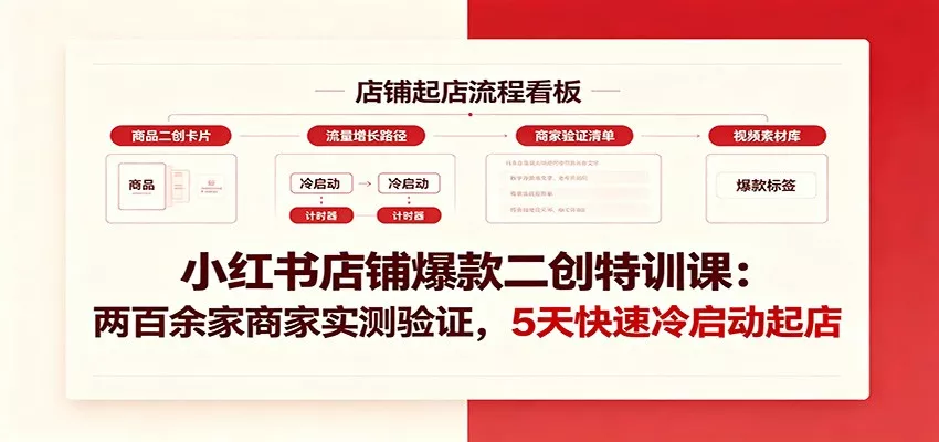 小红书店铺爆款二创特训课:两百余家商家实测验证,5天快速冷启动起店-卓越网创