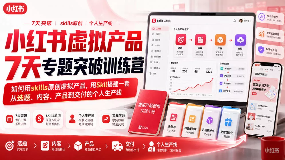 小红书虚拟产品7天专题突破训练营,如何用skills原创虚拟产品,用Skil搭建一套从选题、内容、产品到交付的个人生产线-卓越网创