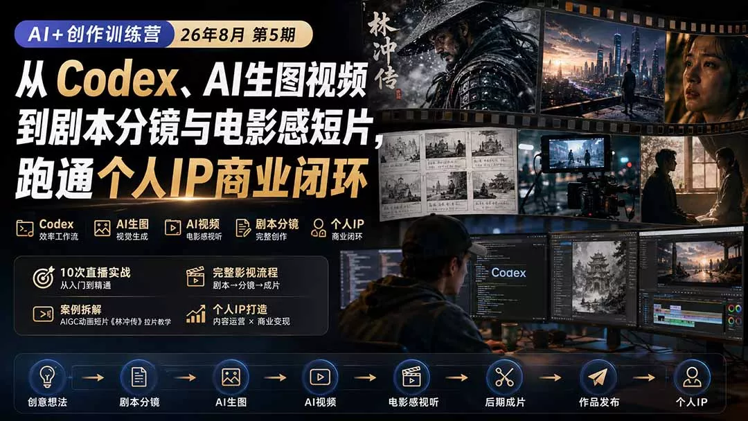AI+创作训练营26年第5期-更新:从Codex、AI生图视频到剧本分镜与电影感短片,跑通个人IP商业闭环-卓越网创