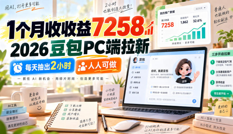 1个月收收益7258,2026豆包PC端拉新,每天抽出2小时,人人可做-卓越网创