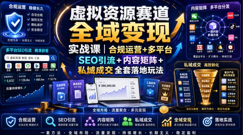 虚拟资源赛道全域变现实战课|合规运营+多平台SEO引流+内容矩阵+私域成交全套落地玩法-卓越网创