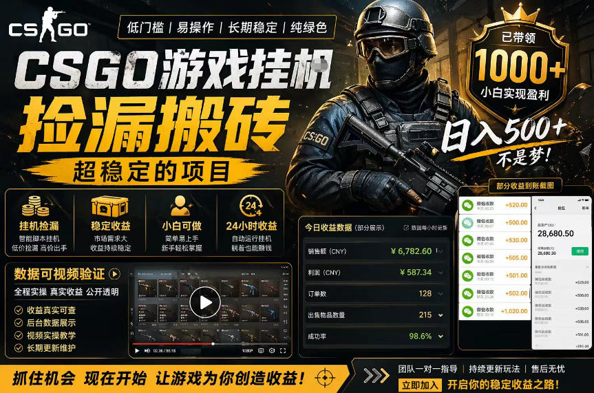 CSGO游戏搬砖,全自动挂G,不需要玩游戏,手机操作日入300+,解放双手【揭秘】-卓越网创