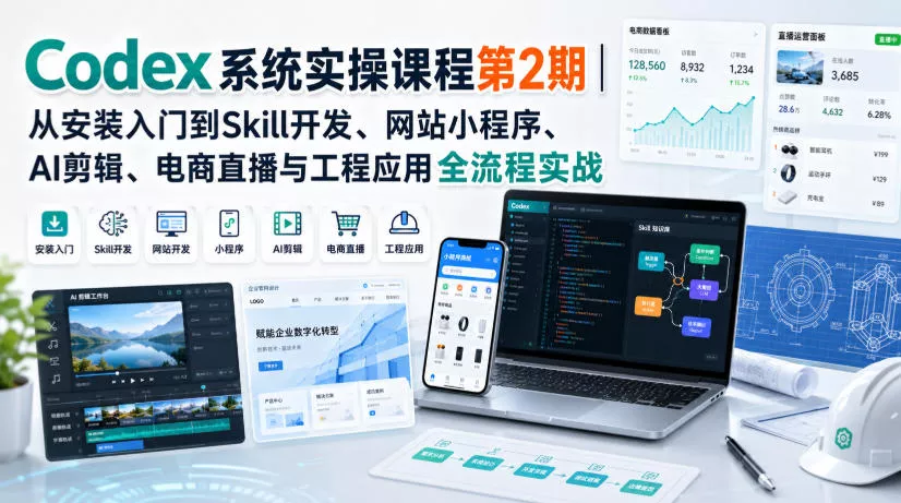 Codex系统实操课程第2期｜从安装入门到Skill开发、网站小程序、AI剪辑、电商直播与工程应用全流程实战-卓越网创