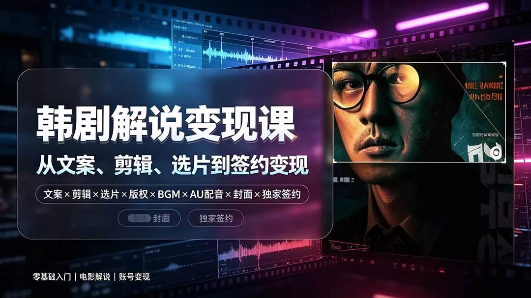 抖音270W粉丝博主亲授韩剧解说课：文案×剪辑×选片×版权×BGM×AU配音×封面×独家签约，零基础到变现-卓越网创