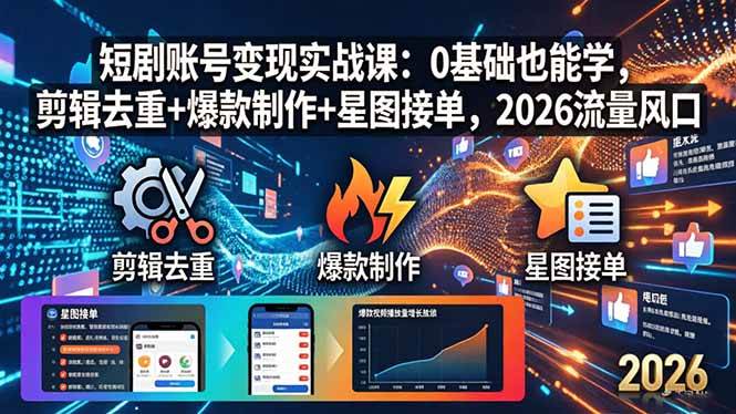 （18160期）短剧账号变现实战课：0基础也能学，剪辑去重+爆款制作+星图接单，2026流量风口-卓越网创