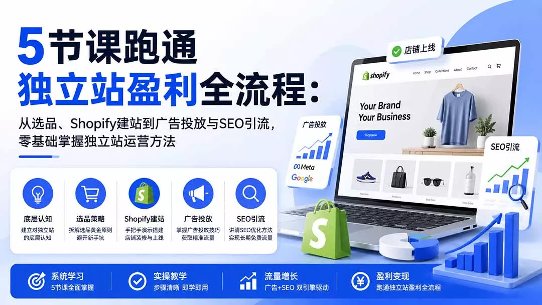 5节课跑通独立站盈利全流程：从选品、Shopify建站到广告投放与SEO引流，零基础掌握独立站运营方法-卓越网创