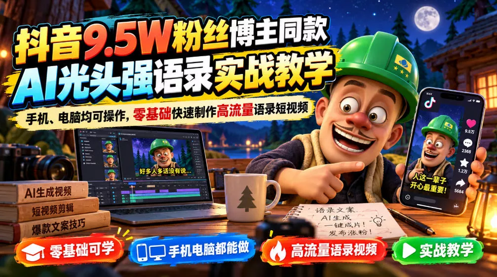 抖音9.5W粉丝博主同款AI光头强语录实战教学,手机、电脑均可操作,零基础快速制作高流量语录短视频-卓越网创