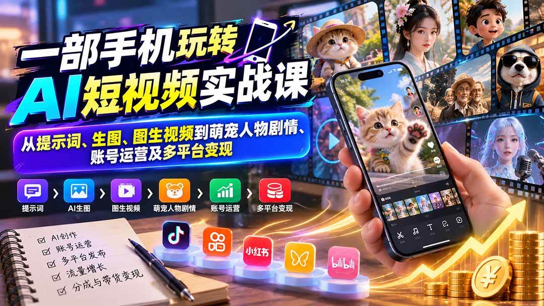 (20663期)一部手机玩转AI短视频实战课:从提示词、生图、图生视频到萌宠人物剧情、账号运营及多平台变现-卓越网创
