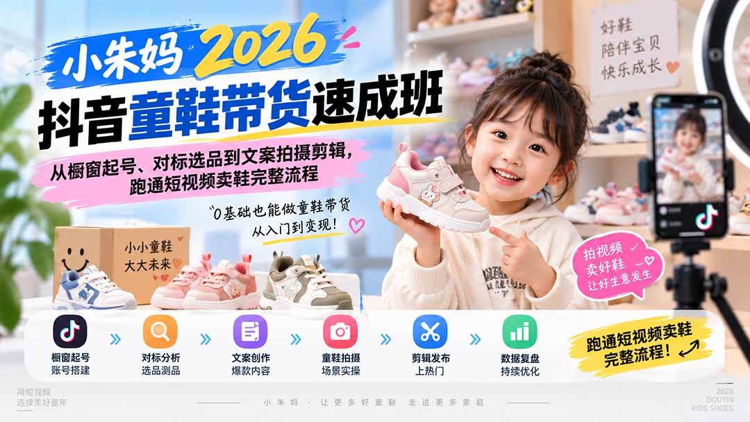 （20267期）小朱妈2026抖音童鞋带货速成班：从橱窗起号、对标选品到文案拍摄剪辑，跑通短视频卖鞋完整流程-卓越网创